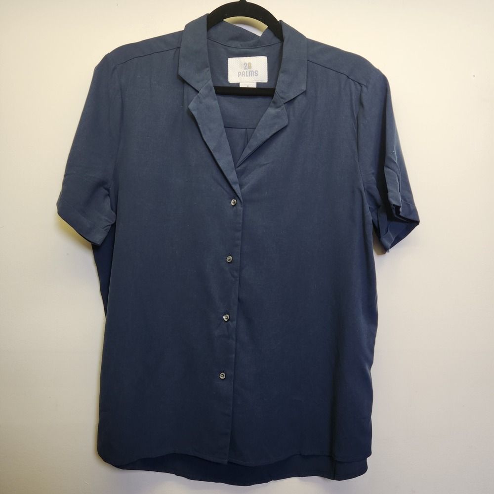 28 Palms Women's Loose-Fit 100% Silk Hawaiian Aloha Blouse Med Camp Shirt Blue